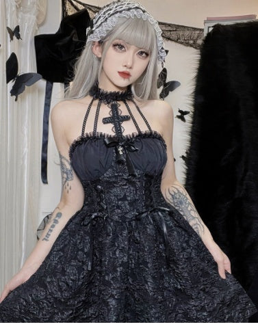 Gothic Dress Cross Neck Tie Waist Women's Puffy Skirt