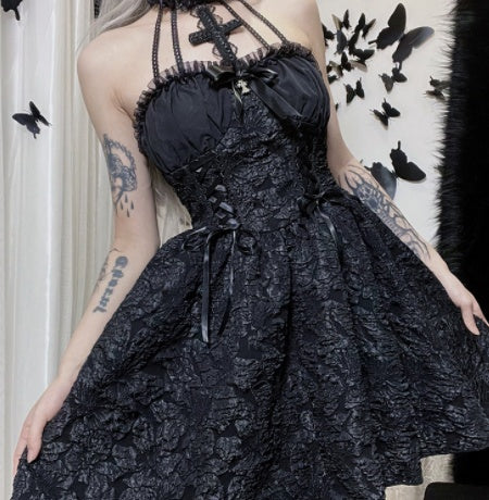 Gothic Dress Cross Neck Tie Waist Women's Puffy Skirt