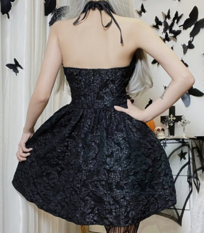Gothic Dress Cross Neck Tie Waist Women's Puffy Skirt